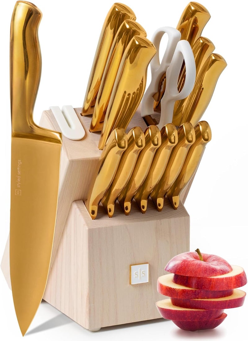 styled settings Gold Knife Set for Kitchen with Block and Sharpener – 14-Piece Razor Sharp Titanium Gold Knives with Ashwood Block and Built-In Sharpener – Stylish Kitchen Accessories for Cooking and Prep - Image 1